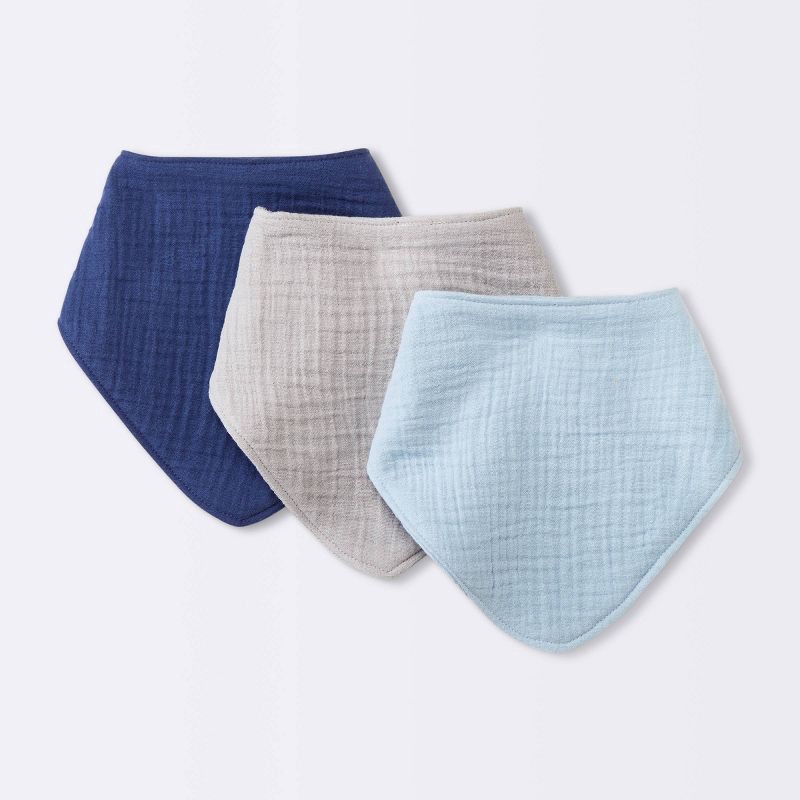 slide 1 of 4, Baby 3pk Muslin Bandana Bib - Cloud Island™ Blue: Cotton Snap Closure, 0-12 Months, 8.75" x 8.75", 3 ct