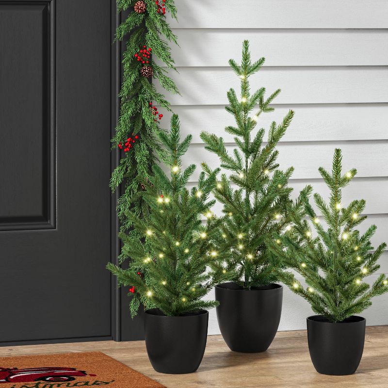 slide 2 of 5, 3pc Pre-lit Potted Balsam Fir Mini Artificial Christmas Tree Set Warm White Lights - Wondershop™: LED, Timer, Indoor/Sheltered Outdoor, 3 ct