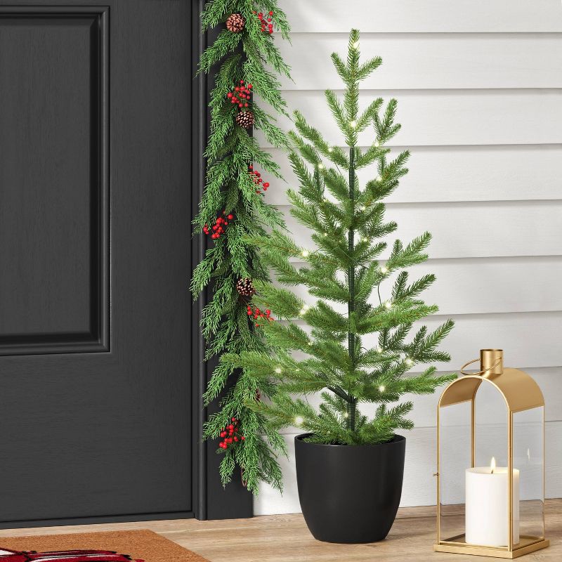 slide 2 of 5, 3' Pre-lit Indexed Balsam Fir Mini Artificial Christmas Tree in Black Pot Warm White Lights - Wondershop™: LED, Battery-Operated, 1 ct