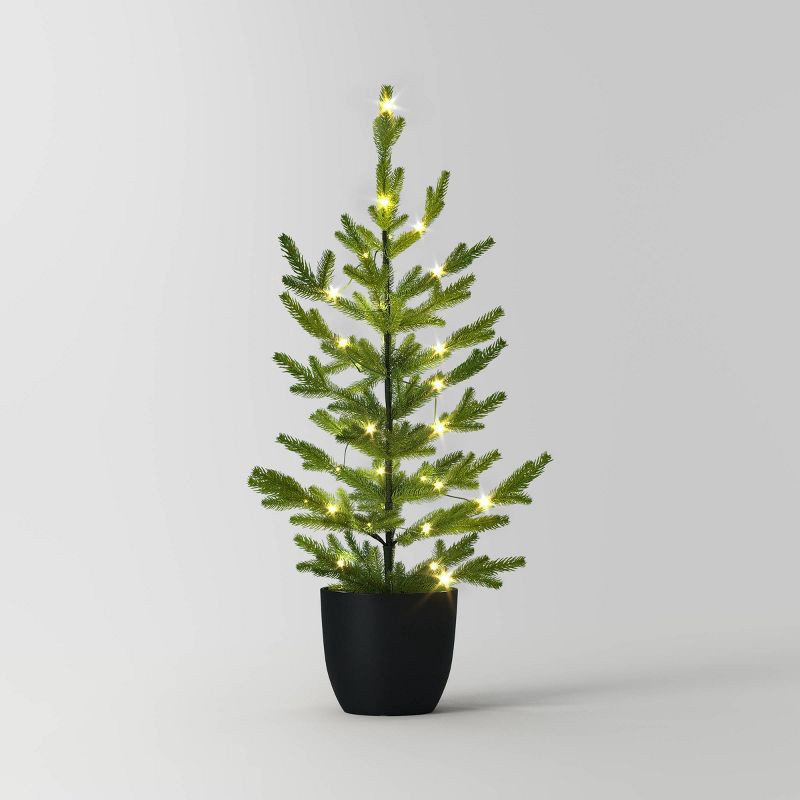 slide 1 of 5, 3' Pre-lit Indexed Balsam Fir Mini Artificial Christmas Tree in Black Pot Warm White Lights - Wondershop™: LED, Battery-Operated, 1 ct