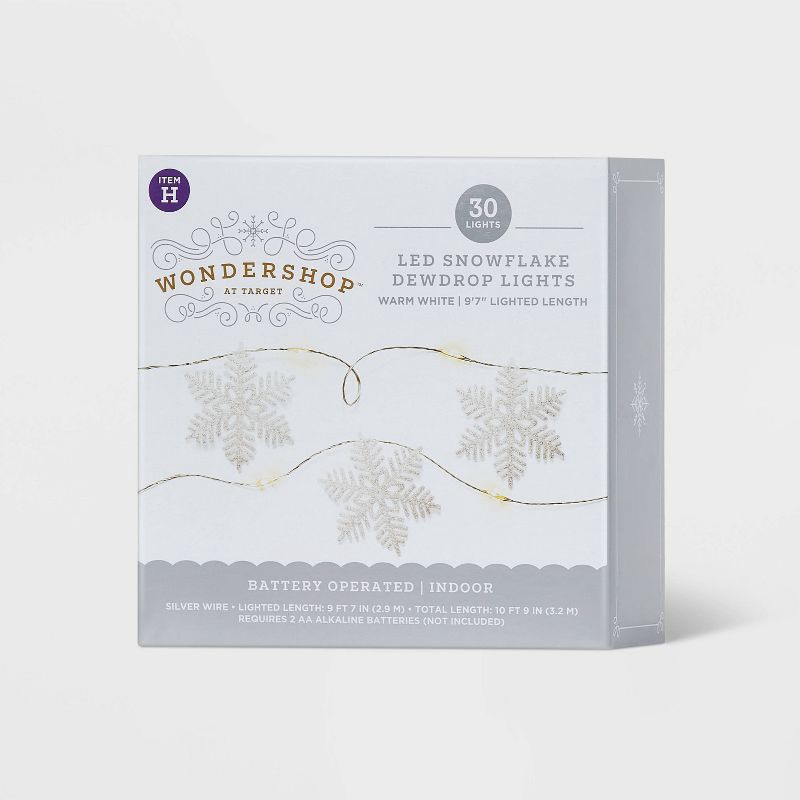 slide 5 of 5, 30ct LED Dewdrop with Glittered Snowflakes Christmas Indoor Novelty String Lights Warm White with Silver Wire - Wondershop™, 30 ct