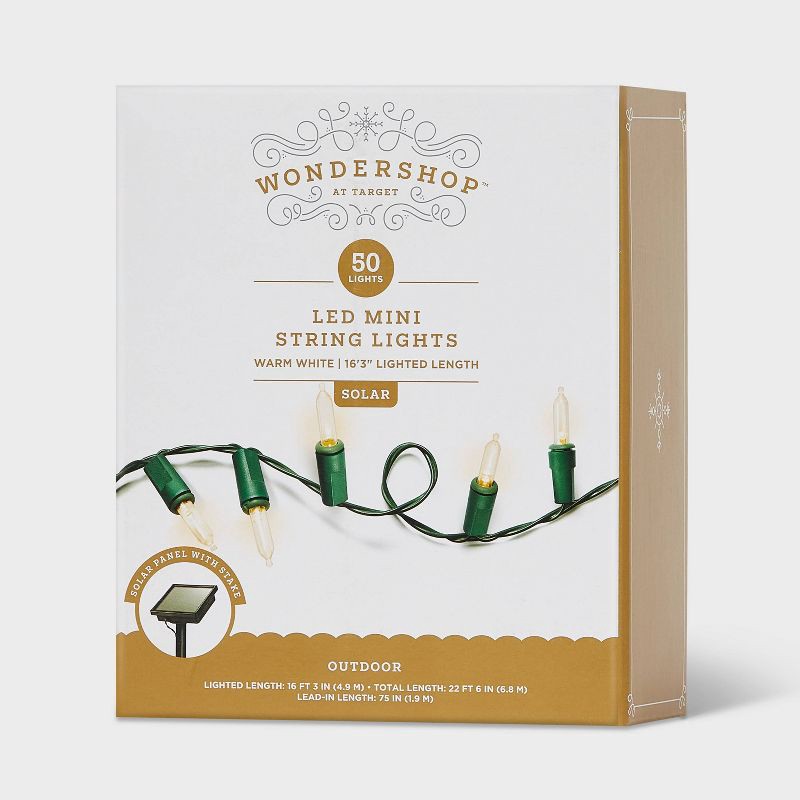 slide 5 of 5, 50ct Solar LED Christmas Indoor Outdoor Mini String Lights Warm White with Green Wire - Wondershop™, 50 ct