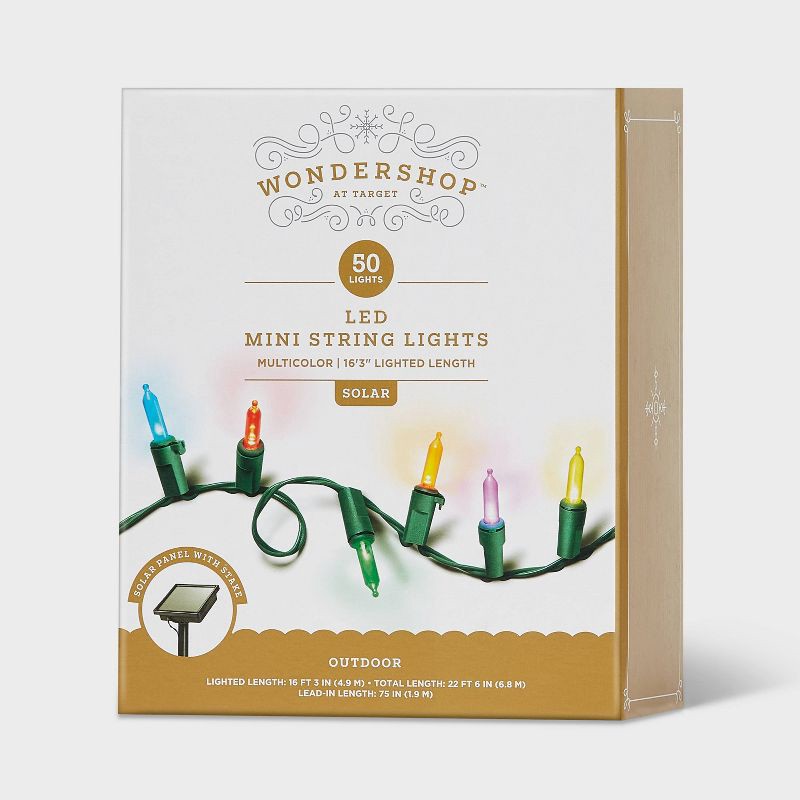 slide 5 of 5, 50ct Solar LED Christmas Indoor Outdoor Mini String Lights Multicolor with Green Wire - Wondershop™, 50 ct