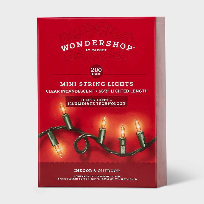 slide 5 of 5, 200ct Incandescent Heavy Duty Christmas Indoor Outdoor Mini String Lights Clear with Green Wire - Wondershop™, 200 ct