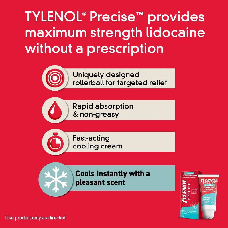 slide 5 of 12, Tylenol Precise Cooling Pain Relieving Cream, Maximum Strength 4% Lidocaine and 1% Menthol - 4oz, 4 oz