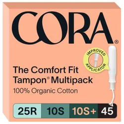 Cora Organic Cotton Tampons Multipack Regular/Super/Super+ Absorbency - 45ct