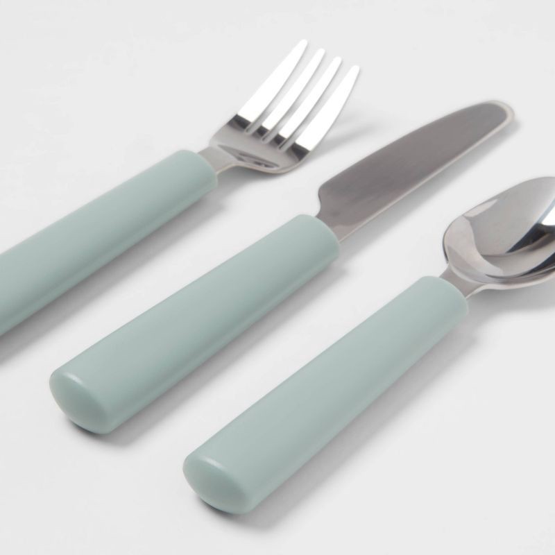 slide 3 of 3, Kids' 3pc Stainless Steel Flatware Set Green - Pillowfort™: Toddler Utensils, Dishwasher-Safe, 3 ct