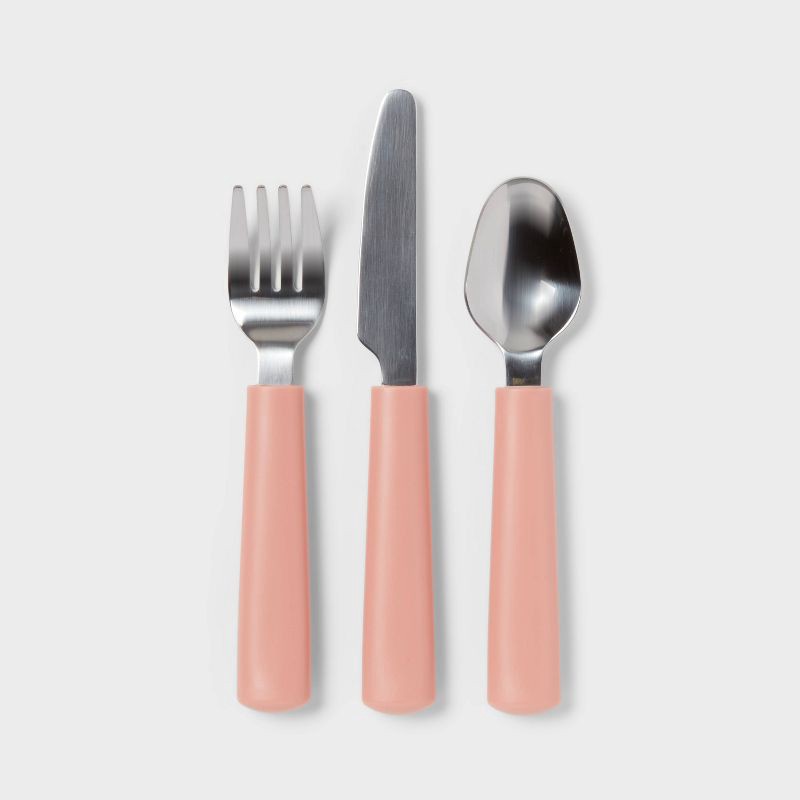 slide 1 of 3, Kids' 3pc Stainless Steel Flatware Set Pink - Pillowfort™: Utensils, Dishwasher-Safe, Modern Design, 3 ct