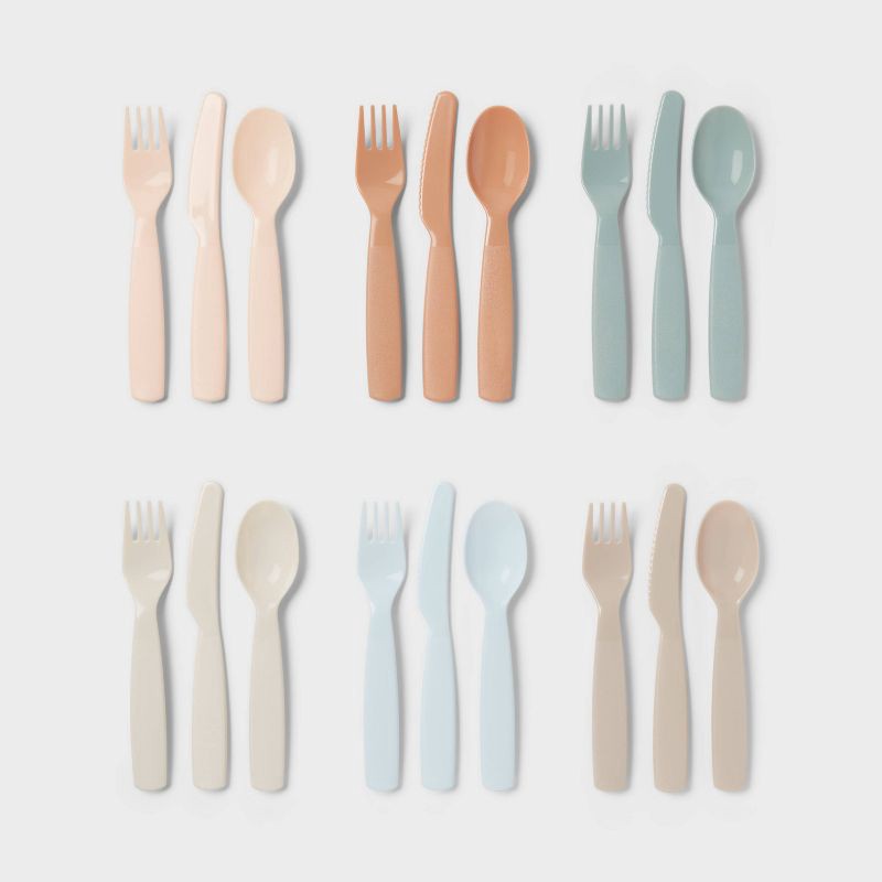 slide 1 of 3, Kids' 18pc Plastic Flatware set - Pillowfort™: Dishwasher-Safe, Modern Kids Utensils, Service for 6, 18 ct