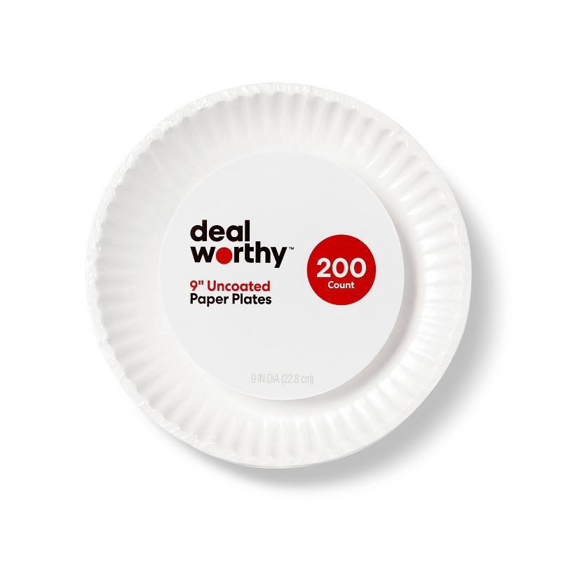 slide 1 of 3, Uncoated Disposable Paper Plates 9" - 200ct - Dealworthy™, 200 ct