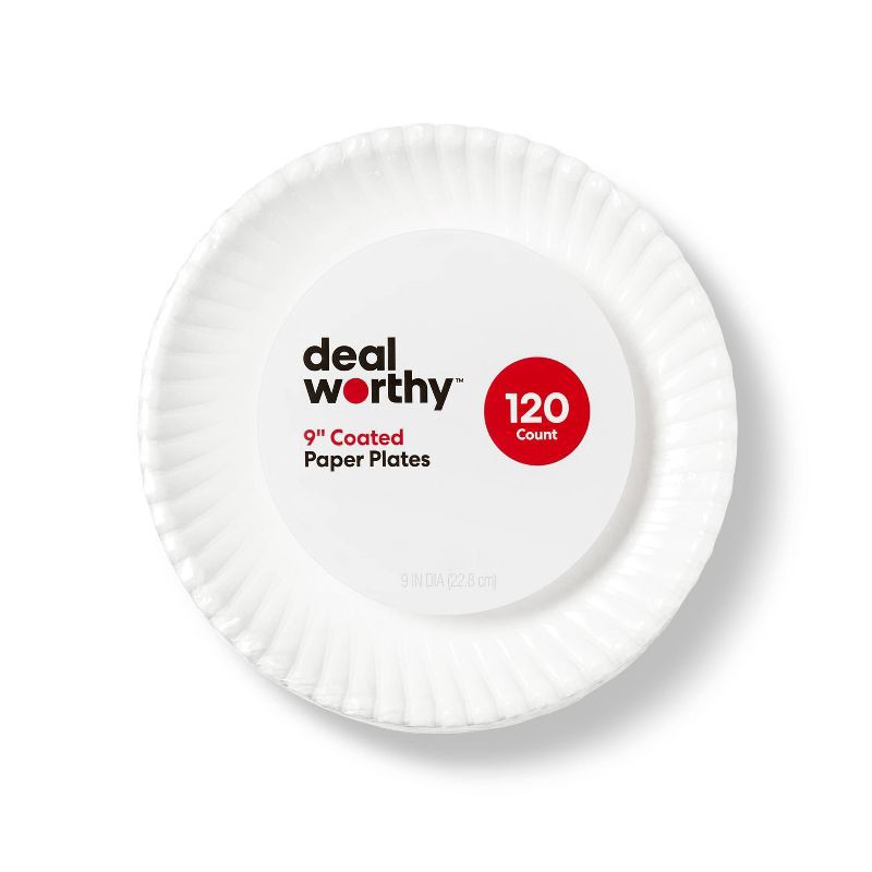 slide 1 of 3, Coated Disposable Paper Plates 9" - 120ct - Dealworthy™, 120 ct
