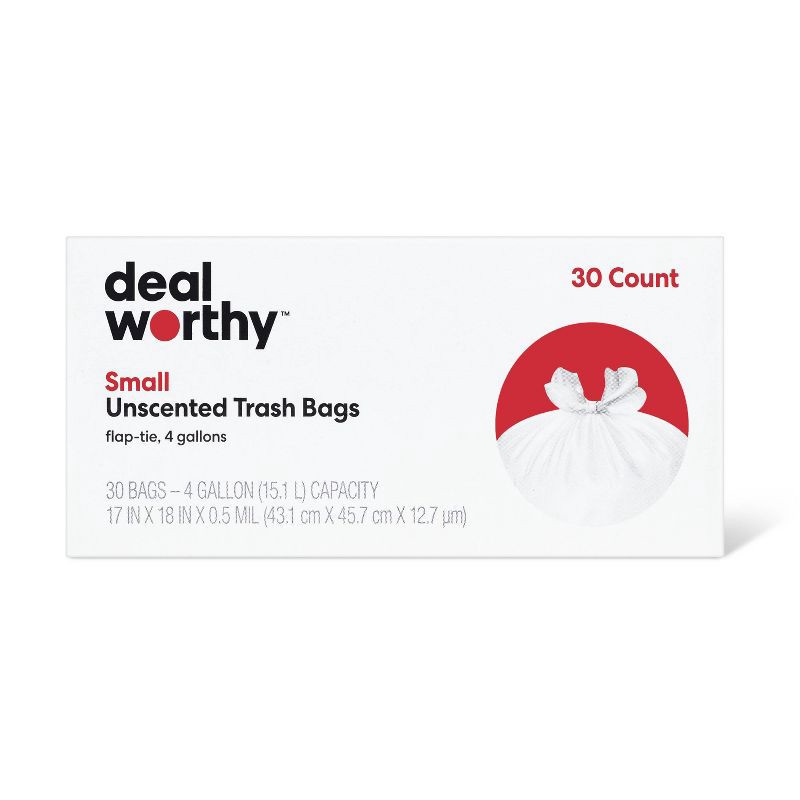 slide 1 of 3, Small Flap Tie Trash Bags - 4gal - 30ct - Dealworthy™, 4 gal, 30 ct