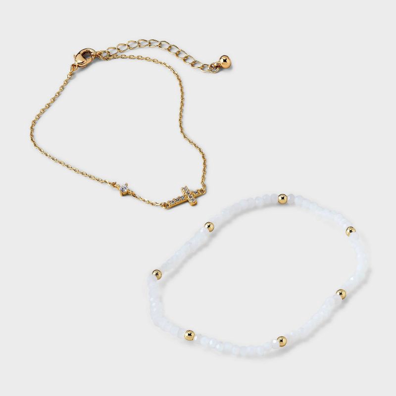 slide 3 of 4, 14k Gold Dipped Cubic Zirconia Cross on Chain and Crystal Stretch Bracelet Set 2pc - Gold/White: Nickel-Free, Lobster Claw Clasp, 2 ct