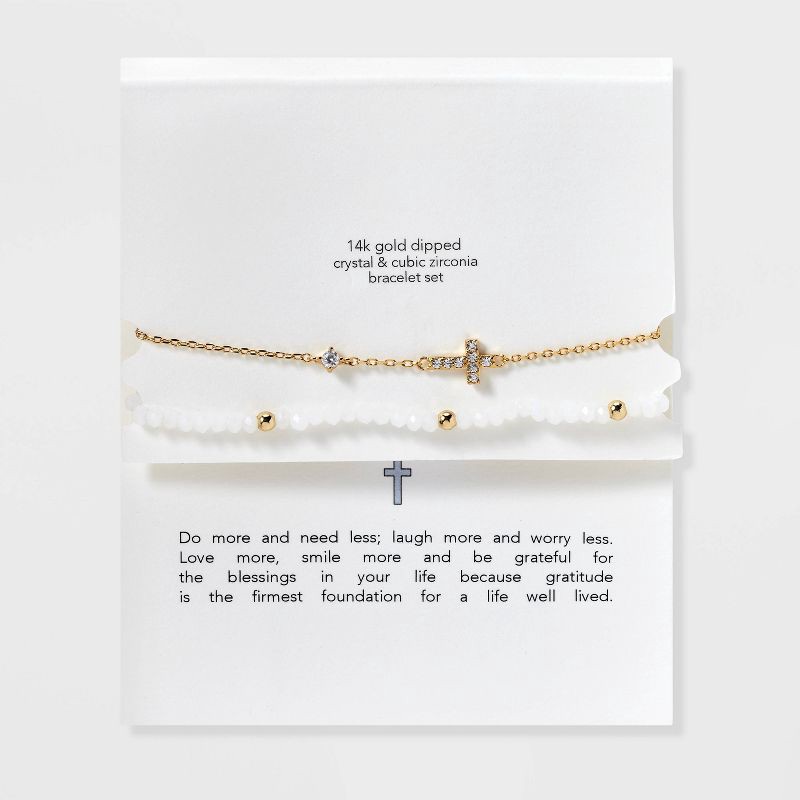 slide 1 of 4, 14k Gold Dipped Cubic Zirconia Cross on Chain and Crystal Stretch Bracelet Set 2pc - Gold/White: Nickel-Free, Lobster Claw Clasp, 2 ct