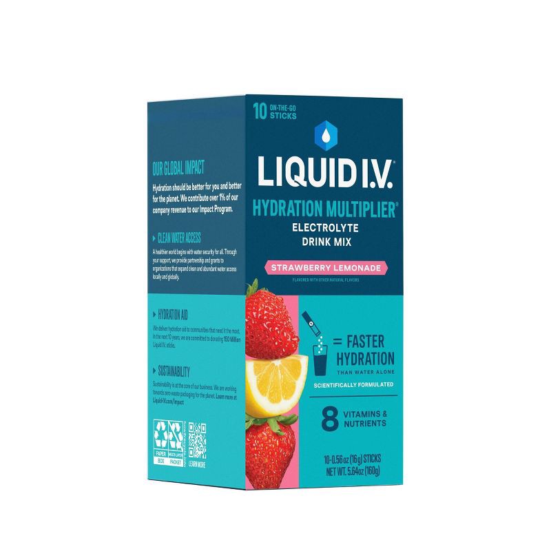 slide 4 of 10, Liquid I.V. Hydration Multiplier Vegan Powder Electrolyte Supplements - Strawberry Lemonade - 0.56oz/10ct, 0.56 oz, 10 ct