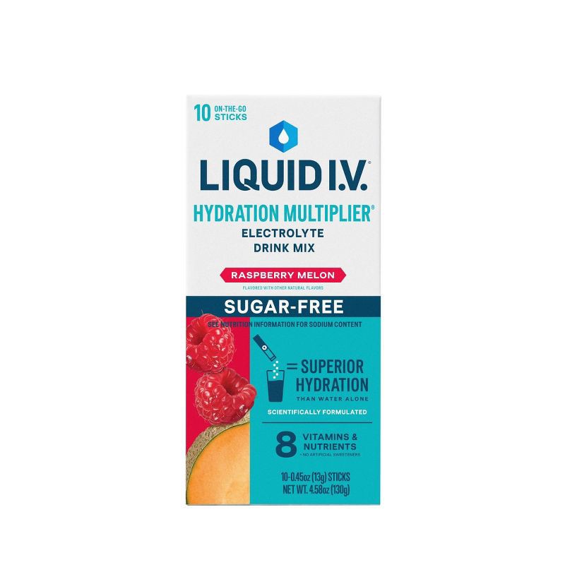 slide 2 of 10, Liquid I.V. Sugar Free Hydration Multiplier Vegan Powder Electrolyte Supplements - Melon Raspberry - 0.45oz/10ct, 0.45 oz, 10 ct