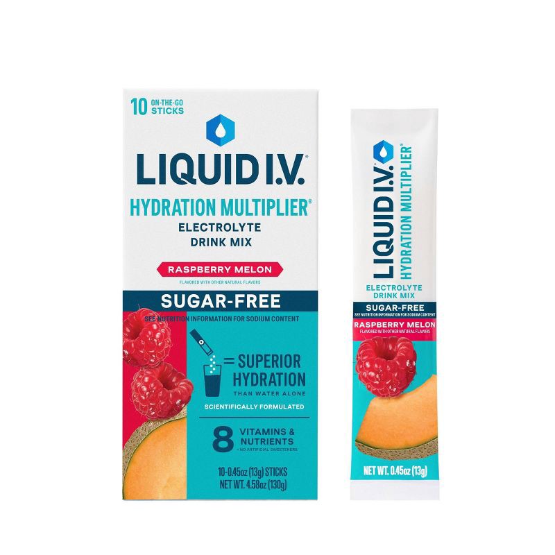 slide 1 of 10, Liquid I.V. Sugar Free Hydration Multiplier Vegan Powder Electrolyte Supplements - Melon Raspberry - 0.45oz/10ct, 0.45 oz, 10 ct