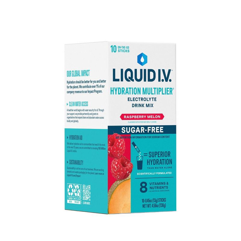 slide 4 of 10, Liquid I.V. Sugar Free Hydration Multiplier Vegan Powder Electrolyte Supplements - Melon Raspberry - 0.45oz/10ct, 0.45 oz, 10 ct