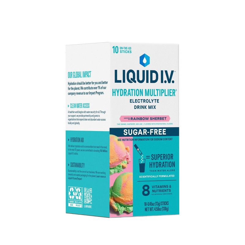 slide 4 of 11, Liquid I.V. Sugar Free Hydration Multiplier Vegan Powder Electrolyte Supplements - Rainbow Sherbert - 0.45oz/10ct, 0.45 oz, 10 ct