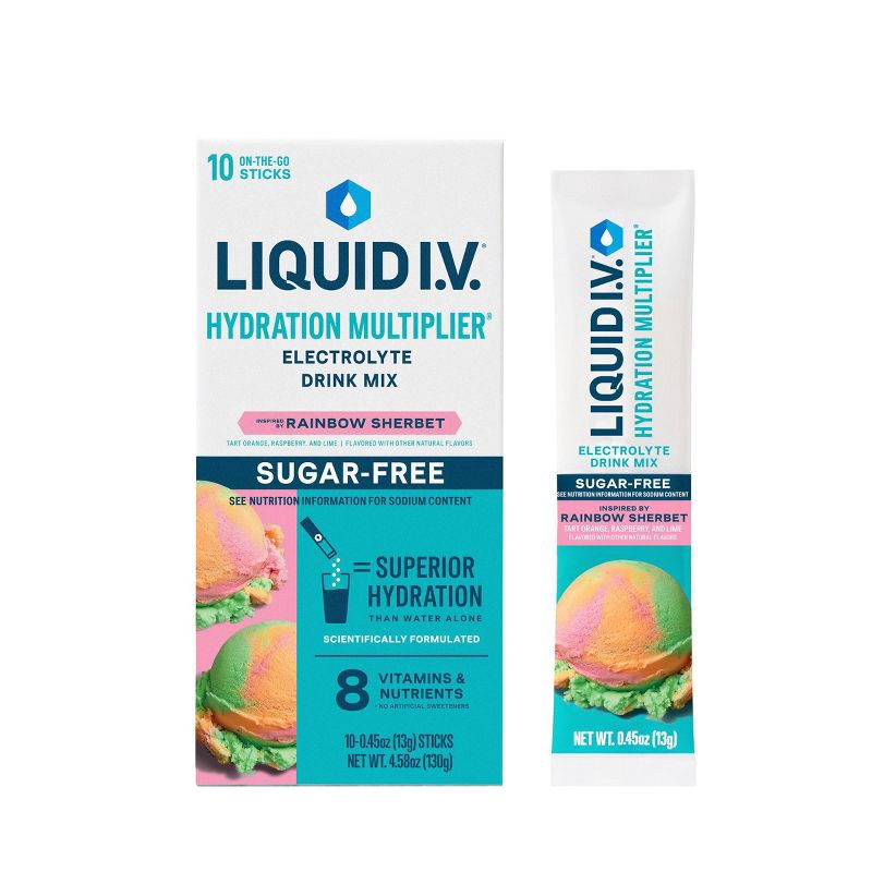 slide 1 of 11, Liquid I.V. Sugar Free Hydration Multiplier Vegan Powder Electrolyte Supplements - Rainbow Sherbert - 0.45oz/10ct, 0.45 oz, 10 ct