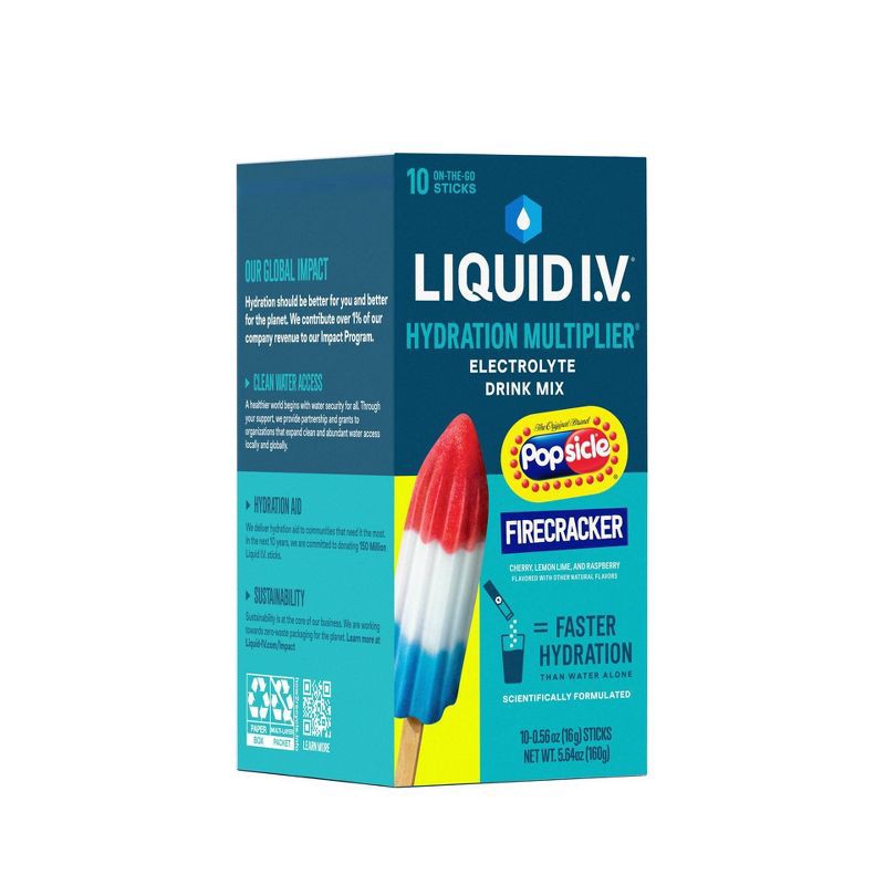 slide 4 of 10, Liquid I.V. Hydration Multiplier Vegan Powder Electrolyte Supplements - Popsicle Firecracker - 0.56oz/10ct, 0.56 oz, 10 ct