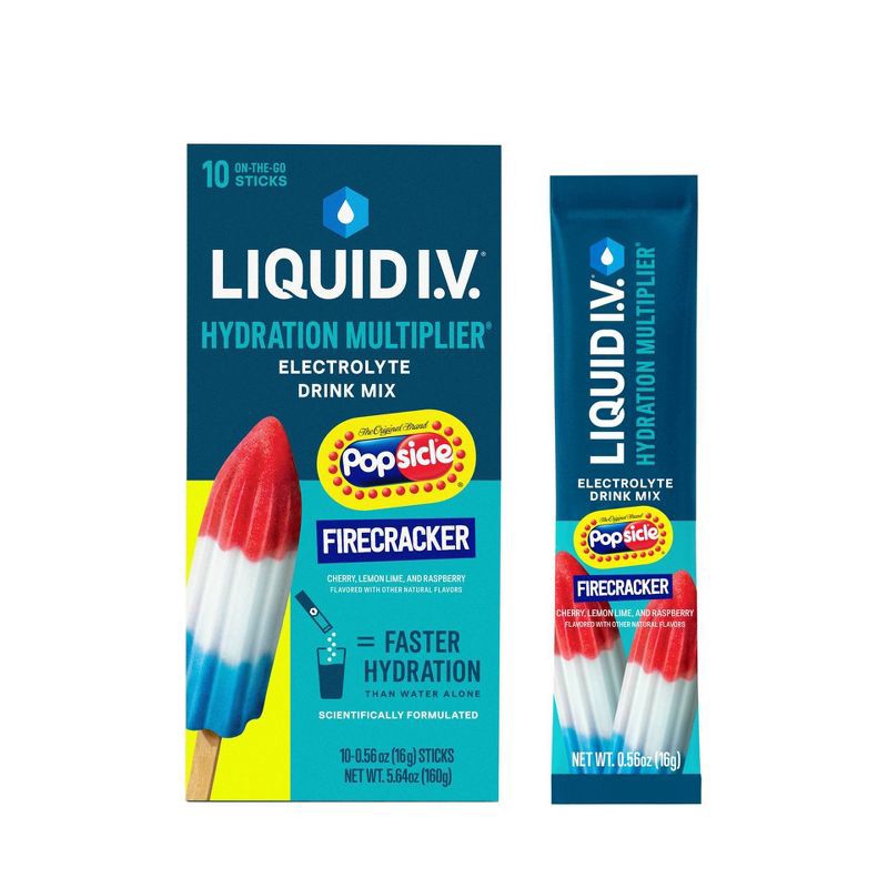 slide 1 of 10, Liquid I.V. Hydration Multiplier Vegan Powder Electrolyte Supplements - Popsicle Firecracker - 0.56oz/10ct, 0.56 oz, 10 ct