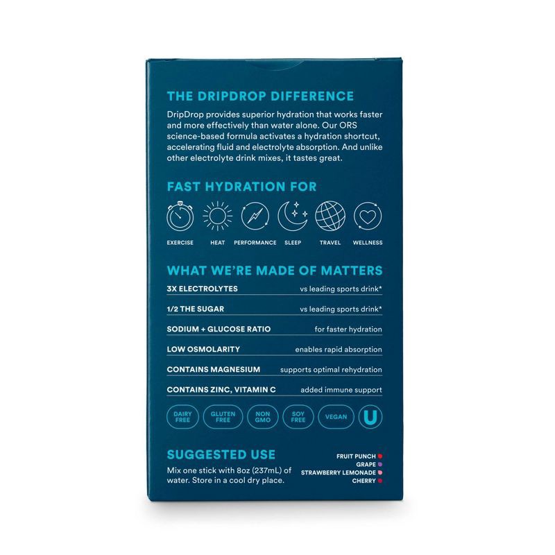 slide 2 of 9, DripDrop Hydration Powder Vegan Electrolyte Supplements - Juicy Variety - Fruit Punch, Grape, Strawberry Lemonade, Cherry - 0.35oz/12ct, 0.35 oz, 12 ct