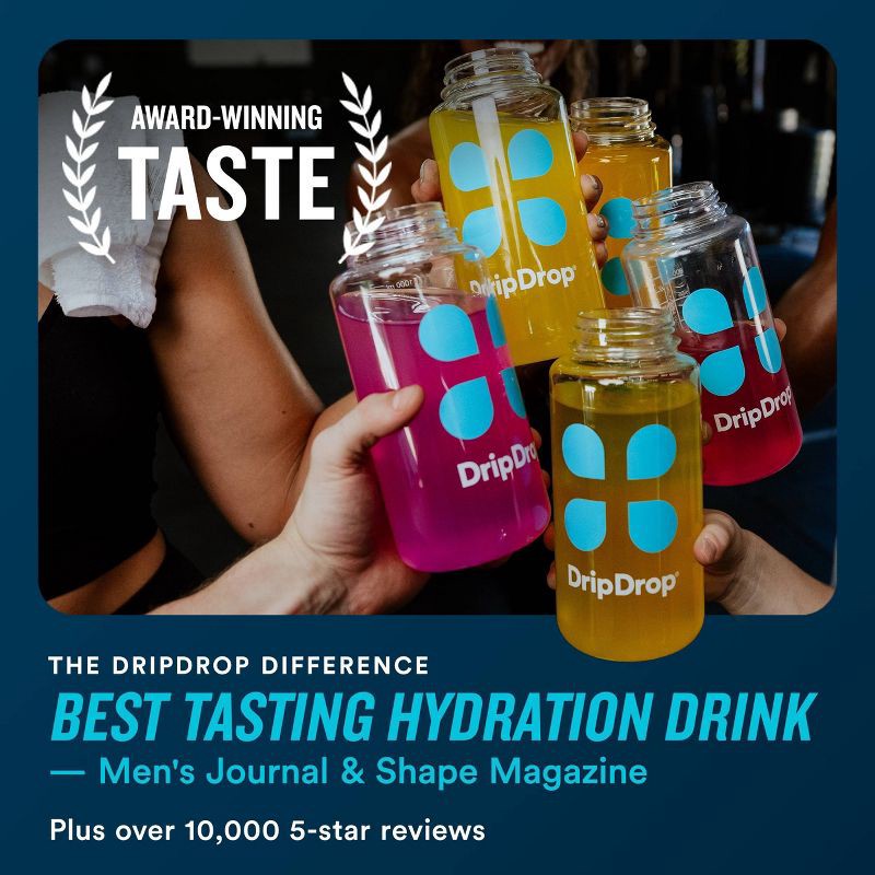 slide 4 of 9, DripDrop Hydration Powder Vegan Electrolyte Supplements - Juicy Variety - Fruit Punch, Grape, Strawberry Lemonade, Cherry - 0.35oz/12ct, 0.35 oz, 12 ct