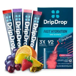 DripDrop Hydration Powder Vegan Electrolyte Supplements - Juicy Variety - Fruit Punch, Grape, Strawberry Lemonade, Cherry - 0.35oz/12ct