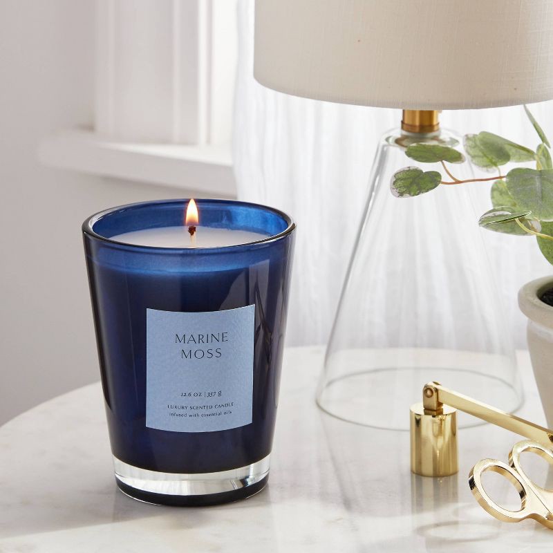 slide 2 of 4, 12oz Colored Vase Glass Candle with Dustcover Blue and Marine Moss - Threshold™, 12 oz