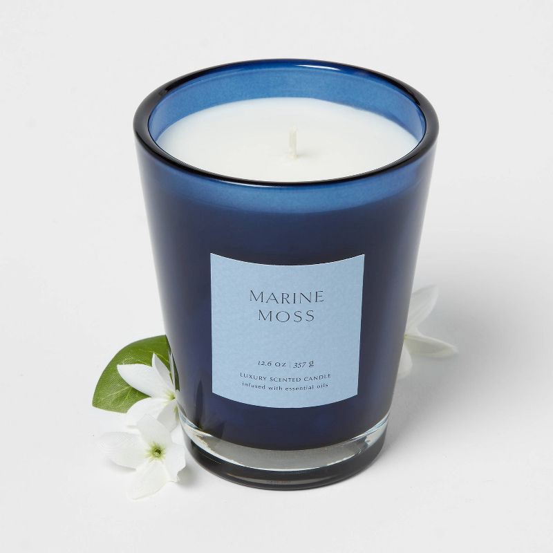 slide 3 of 4, 12oz Colored Vase Glass Candle with Dustcover Blue and Marine Moss - Threshold™, 12 oz
