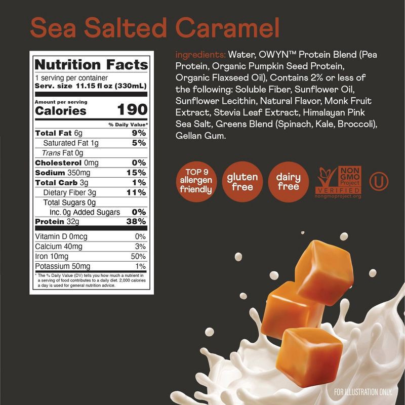 slide 5 of 5, OWYN Pro Elite Vegan 32g Protein Keto Shake - Sea Salted Caramel - 11.15 fl oz/4pk, 32 gram, 44.6 fl oz, 4 ct