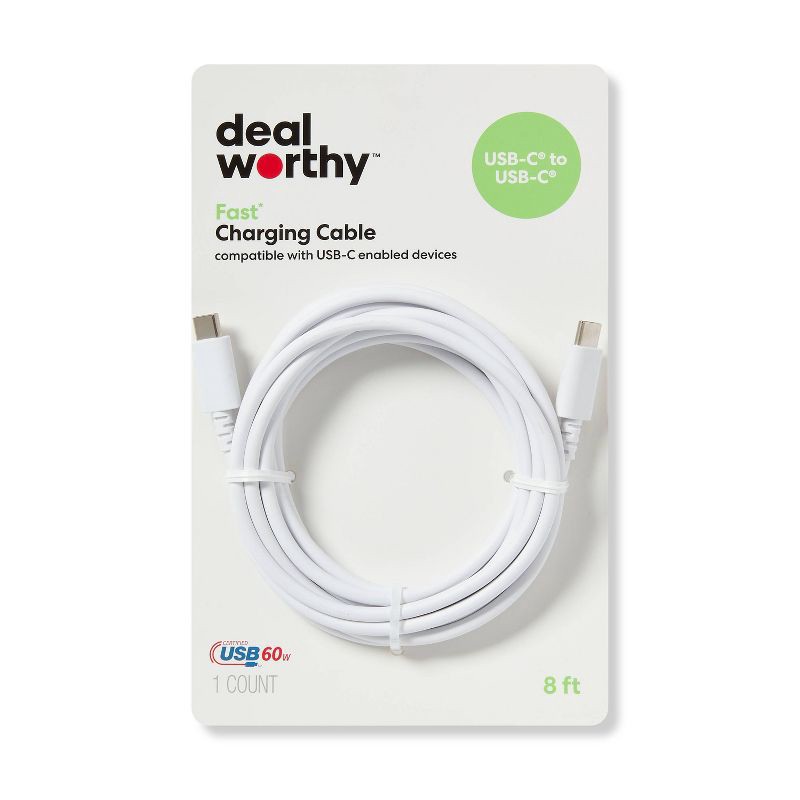 slide 1 of 3, 8' USB-C to USB-C Charging Cable - dealworthy™ White: Male-To-Male Connector, 1 ct