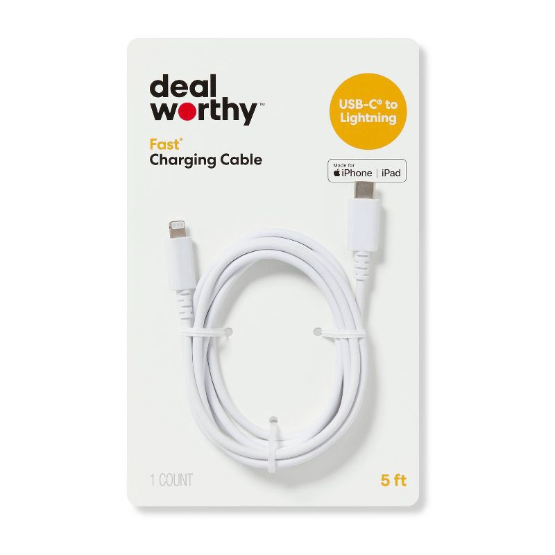 slide 1 of 3, 5' Lightning to USB-C Charging Cable - dealworthy™ White: Male-To-Male Connector, 1 ct