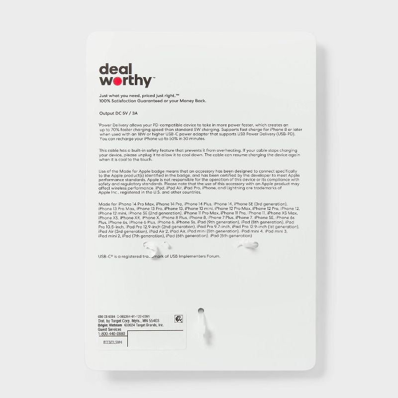 slide 3 of 3, 3' Lightning to USB-C Charging Cable - dealworthy™ White: Male-To-Male Connector, 1 ct