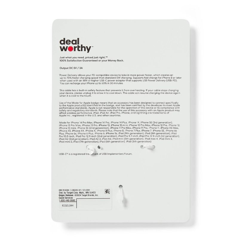 slide 3 of 3, 3' Lightning to USB-C Charging Cable - dealworthy™ White: Male-To-Male Connector, 1 ct