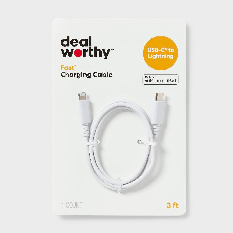 slide 1 of 3, 3' Lightning to USB-C Charging Cable - dealworthy™ White: Male-To-Male Connector, 1 ct
