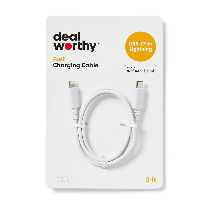 slide 1 of 3, 3' Lightning to USB-C Charging Cable - dealworthy™ White: Male-To-Male Connector, 1 ct