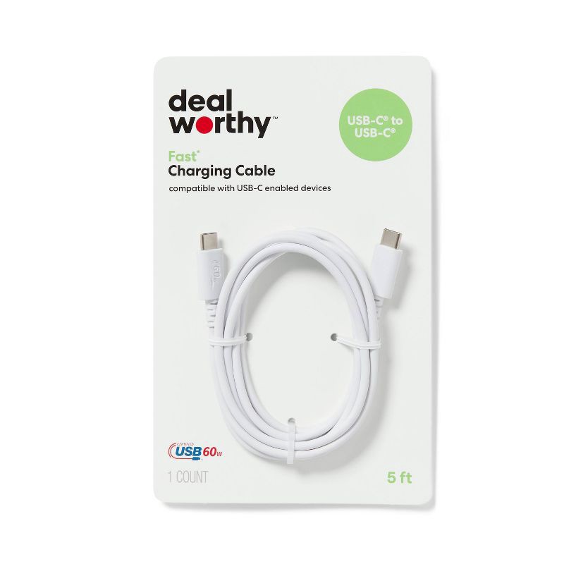 slide 1 of 3, 5' USB-C to USB-C Charging Cable - dealworthy™ White, 1 ct