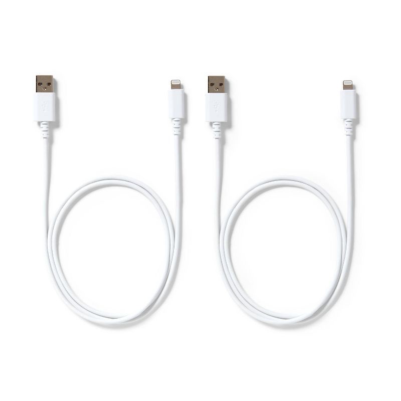 slide 2 of 3, 3' Lightning to USB-A 2pk Charging Cable - dealworthy™ White: Male-To-Male Connector, 2 ct