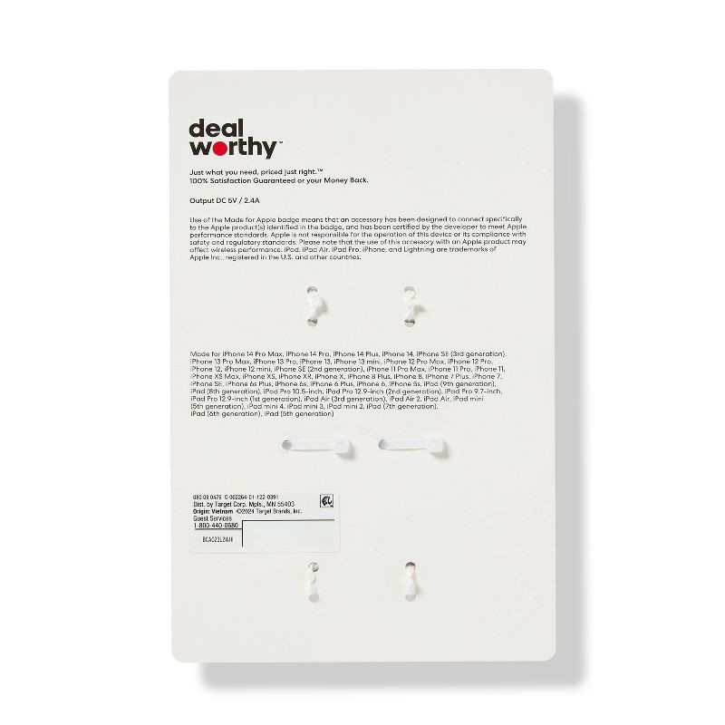 slide 3 of 3, 3' Lightning to USB-A 2pk Charging Cable - dealworthy™ White: Male-To-Male Connector, 2 ct