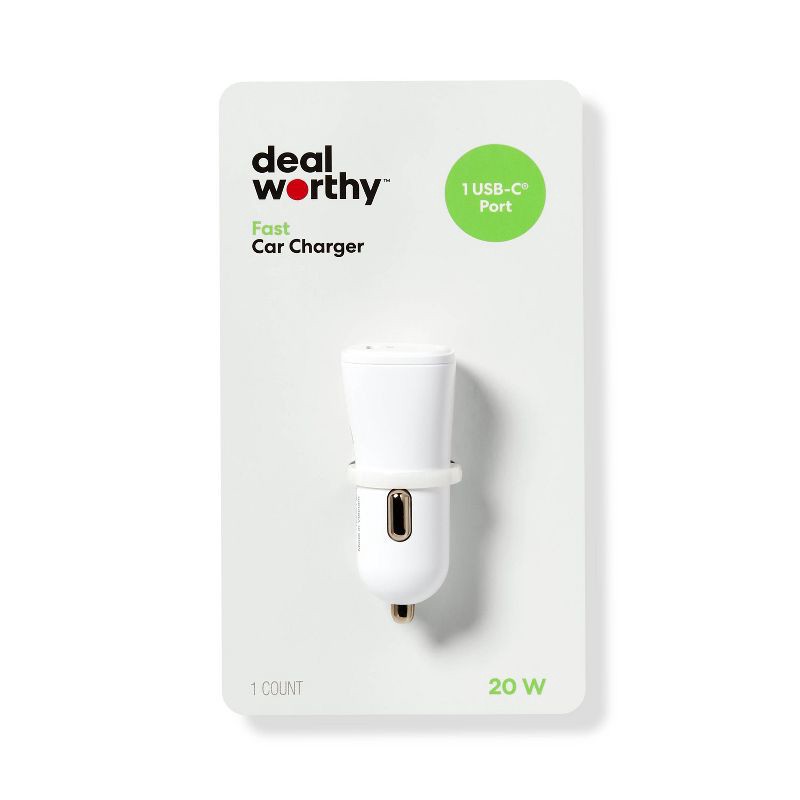 slide 1 of 4, Single Port 20W USB-C Car Charger - dealworthy™ White: 3A Fast Charging Adapter, 1 ct