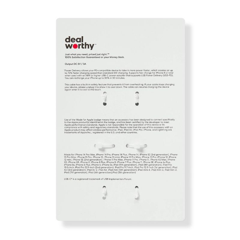 slide 3 of 3, 3' Lightning to USB-C 2pk Charging Cable - dealworthy™ White: Compatible with Apple Devices, 2 ct