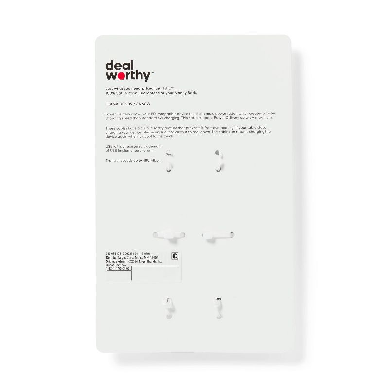 slide 3 of 3, 3' USB-C to USB-C 2pk Charging Cable - dealworthy™ White: Male-To-Male Connector, 2 ct