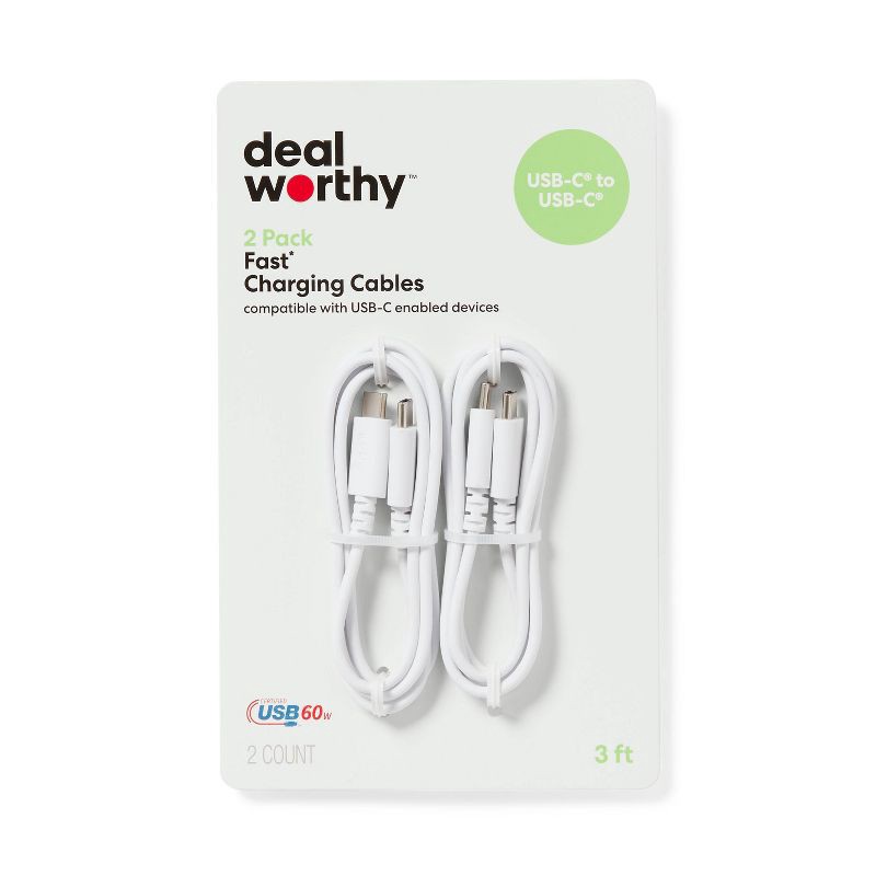 slide 1 of 3, 3' USB-C to USB-C 2pk Charging Cable - dealworthy™ White: Male-To-Male Connector, 2 ct