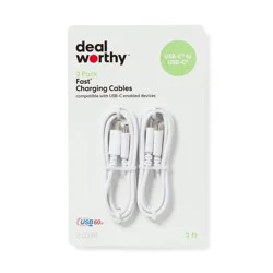 3' USB-C to USB-C 2pk Charging Cable - dealworthy™ White: Male-To-Male Connector
