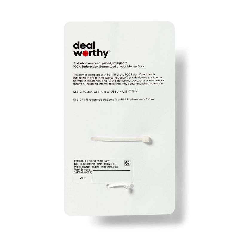 slide 3 of 4, Dual Port 25W USB-A and USB-C Wall Charger - dealworthy™ White: Quick Charge, Surge Protection, 1 ct