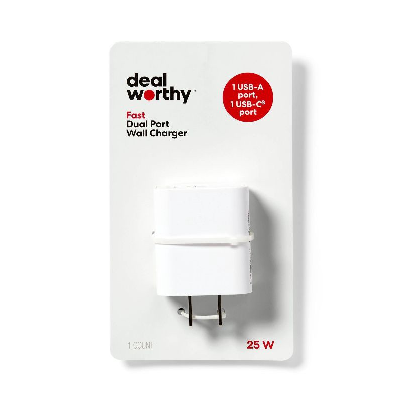 slide 1 of 4, Dual Port 25W USB-A and USB-C Wall Charger - dealworthy™ White: Quick Charge, Surge Protection, 1 ct