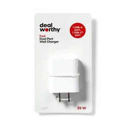 Dual Port 25W USB-A and USB-C Wall Charger - dealworthy™ White: Quick Charge, Surge Protection