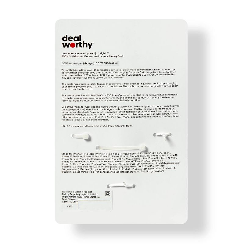 slide 3 of 4, Single Port 20W USB-C Home Charger with 3' Lightning to USB-C Cable - dealworthy™ White, 1 ct